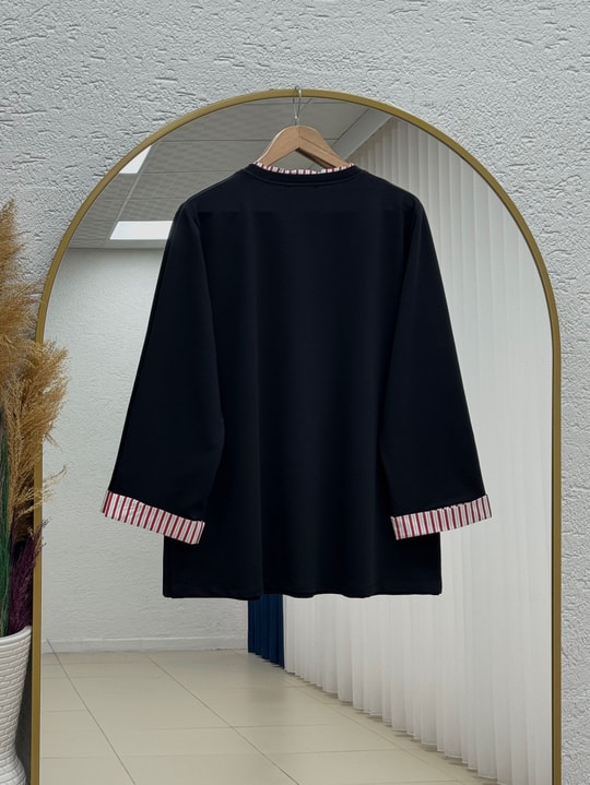 Mihrişah Yaka ve Kolları Garnili Bağlamalı Sweat-EU3521 Siyah