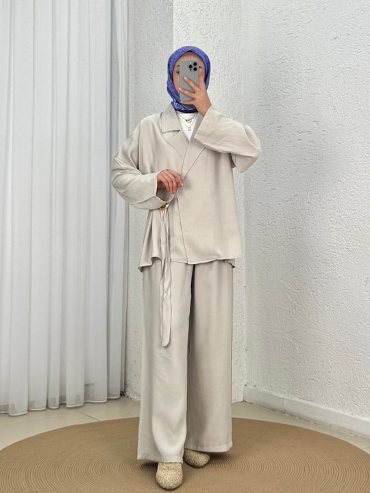 Mimoza Yandan Bağlamalı Aksesuarlı 3Lü Pantolonlu Takım-MF262 Taş