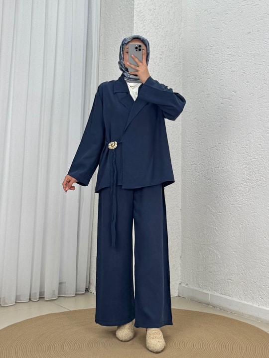Mimoza Yandan Bağlamalı Aksesuarlı 3Lü Pantolonlu Takım-MF262 Lacivert