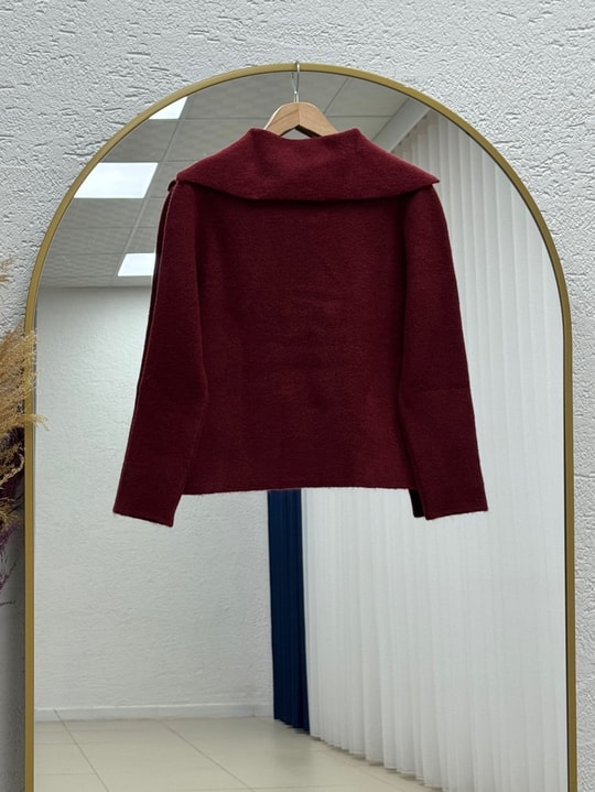 Minaşah Düğmesi Çiçek İşlemeli Yakalı Triko Hırka-KR6029 Bordo