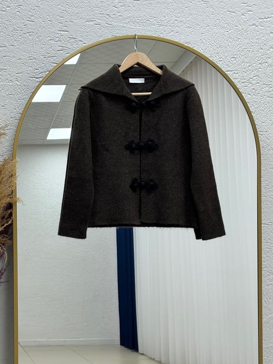 Minaşah Düğmesi Çiçek İşlemeli Yakalı Triko Hırka-KR6029 Koyu Kahve