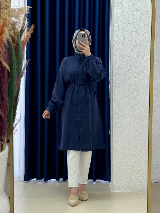 Miresia Bağcıklı Uzun Modal Gömlek-PE261 Lacivert