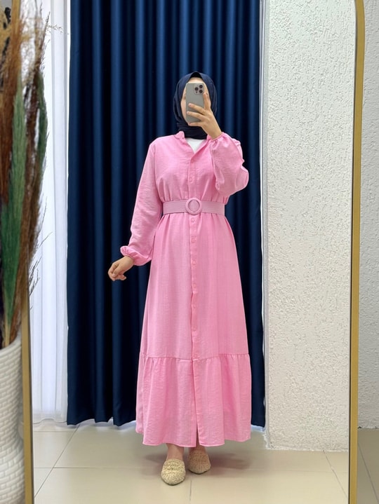 Miressa Boydan Düğmeli Kemerli Çilek Elbise-PE620 Pembe