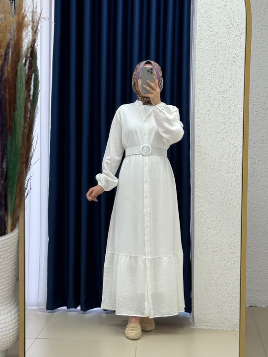 Miressa Boydan Düğmeli Kemerli Çilek Elbise-PE620 Beyaz