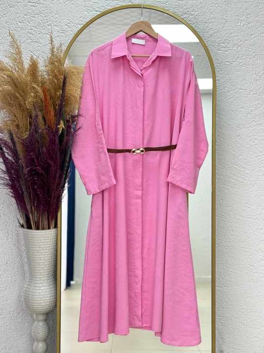 Mirira Gizli Düğmeli Kemerli Modal Elbise-BN4441 Pembe