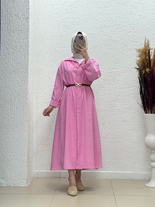Mirira Gizli Düğmeli Kemerli Modal Elbise-BN4441 Pembe