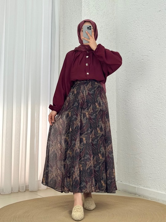 Mucize Desenli Astarlı Şifon Etek-PA218 Mürdüm