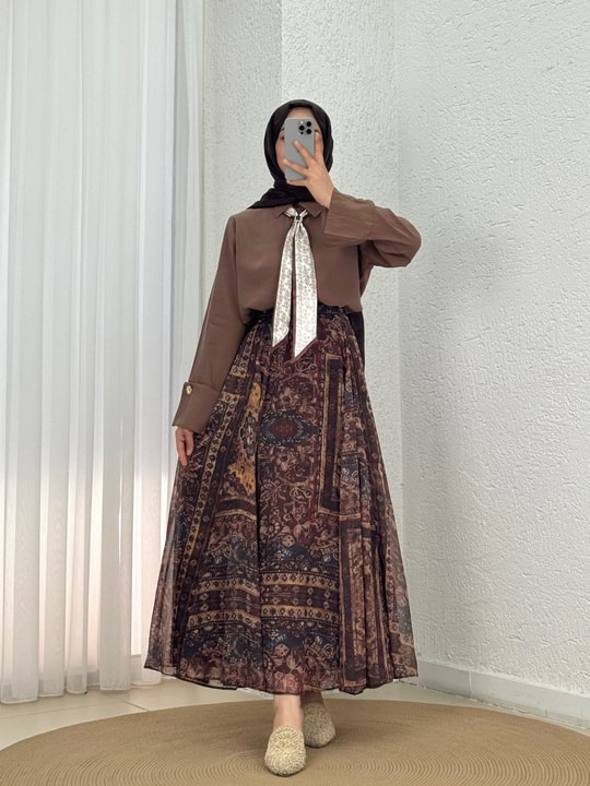 Mucize Desenli Astarlı Şifon Etek-PA218 Kahve