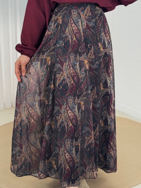 Mucize Desenli Astarlı Şifon Etek-PA218 Mürdüm