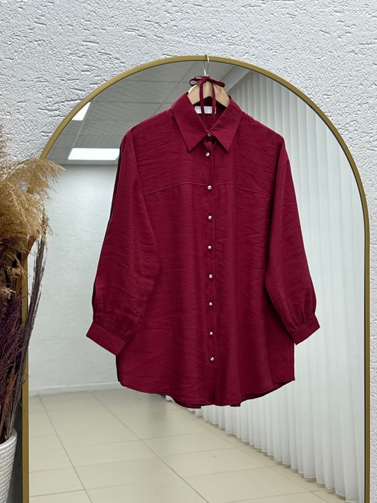 Münevver Robalı Kolu Biyeli Gömlek-ZN2094 Bordo