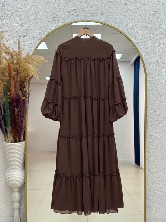 Nazay Katları Fırfırlı Tül Elbise-PA9747 Kahve