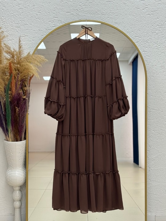 Nazay Katları Fırfırlı Tül Elbise-PA9747 Kahve