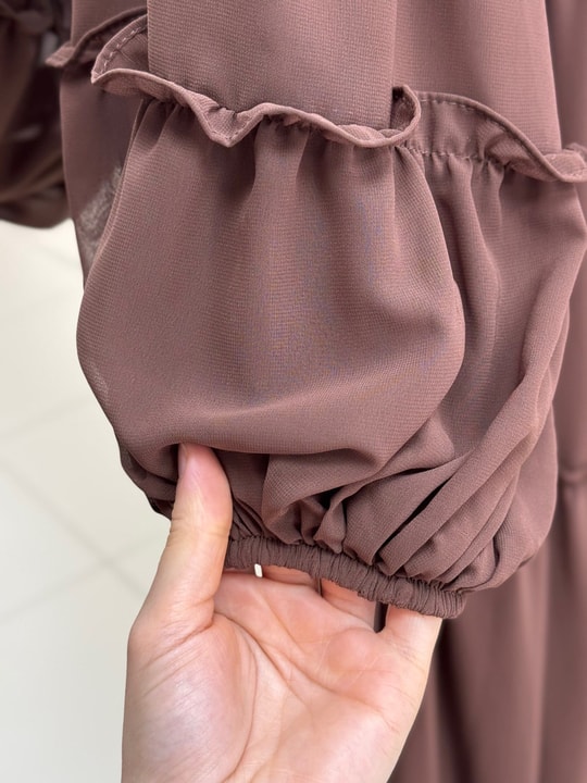 Nazay Katları Fırfırlı Tül Elbise-PA9747 Kahve