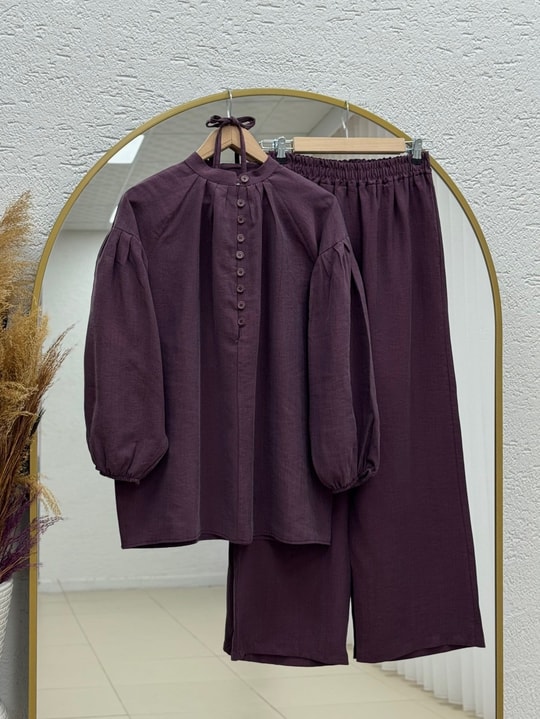 Neslişah Önü Pileli Düğmeli Pantolonlu Takım-NL892 Mürdüm