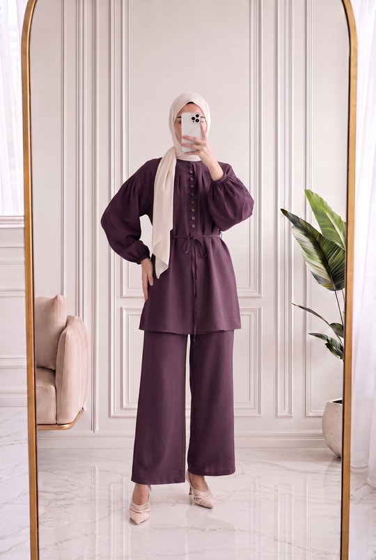 Neslişah Önü Pileli Düğmeli Pantolonlu Takım-NL892 Mürdüm