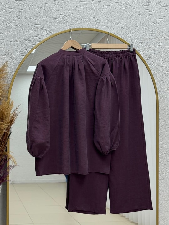 Neslişah Önü Pileli Düğmeli Pantolonlu Takım-NL892 Mürdüm