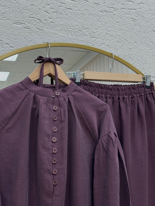 Neslişah Önü Pileli Düğmeli Pantolonlu Takım-NL892 Mürdüm