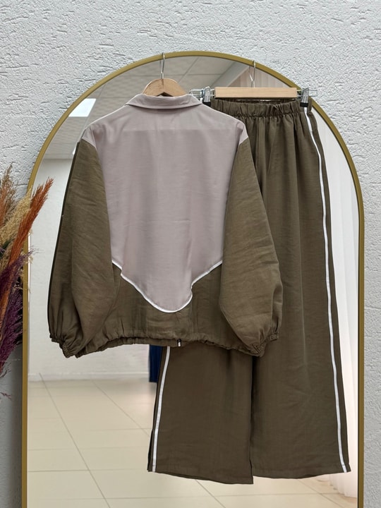 Neşve Önü Şeritli Yakalı Fermuarlı Pantolonlu Takım-PN3137 Yağ Yeşili