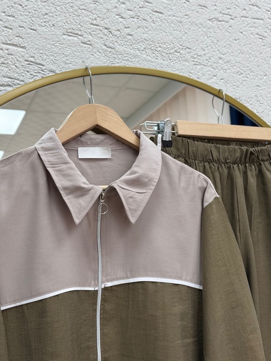 Neşve Önü Şeritli Yakalı Fermuarlı Pantolonlu Takım-PN3137 Yağ Yeşili