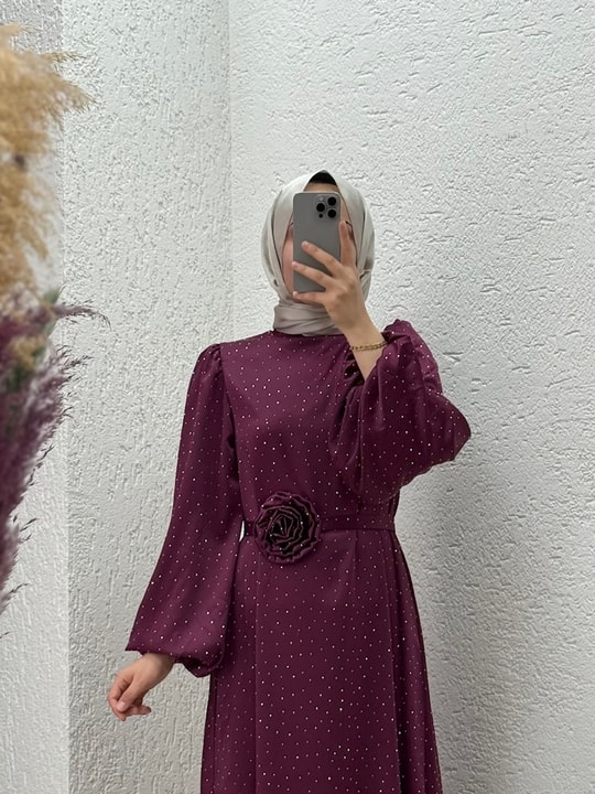 Nevin Taşlı Güllü Saten Elbise-BN4346-FA0985 Bordo