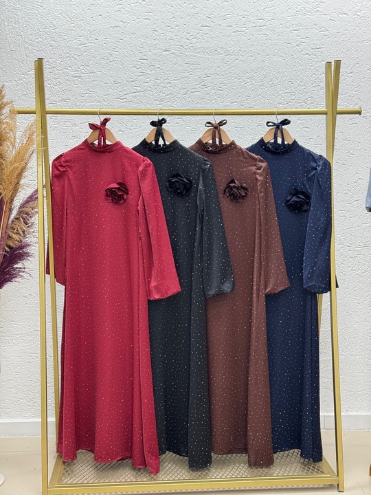 Nevin Taşlı Güllü Saten Elbise-BN4346-FA0985 Gri