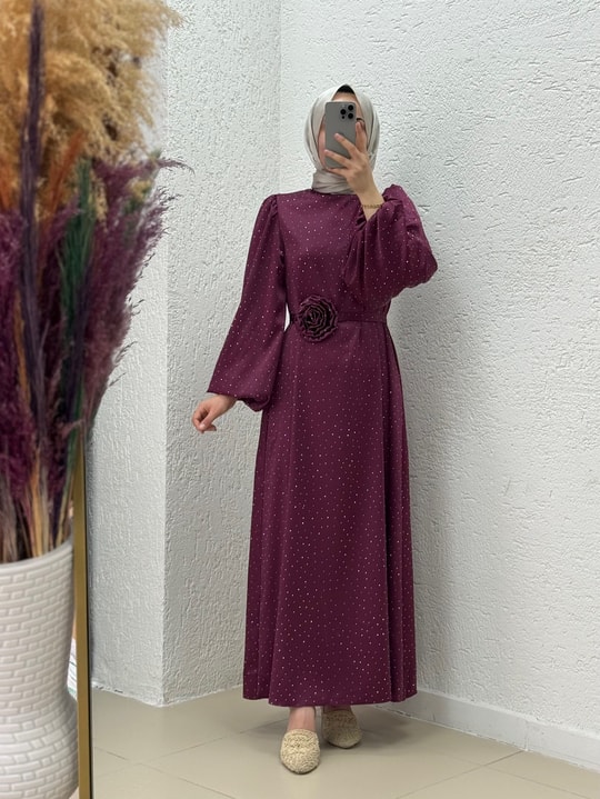 Nevin Taşlı Güllü Saten Elbise-BN4346-FA0985 Bordo