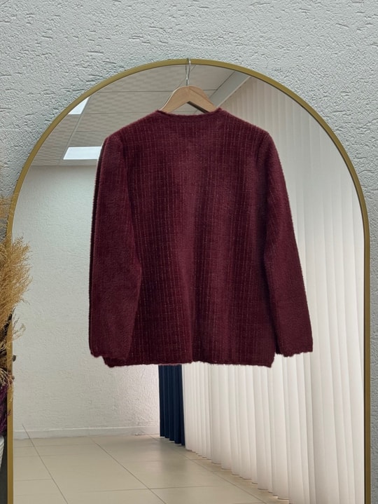 Nevinur Gold Düğmeli Sim Geçişli Çift Cepli Hırka-KR6008 Bordo