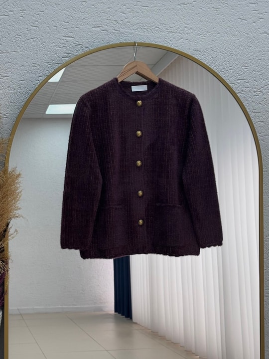 Nevinur Gold Düğmeli Sim Geçişli Çift Cepli Hırka-KR6008 Mürdüm