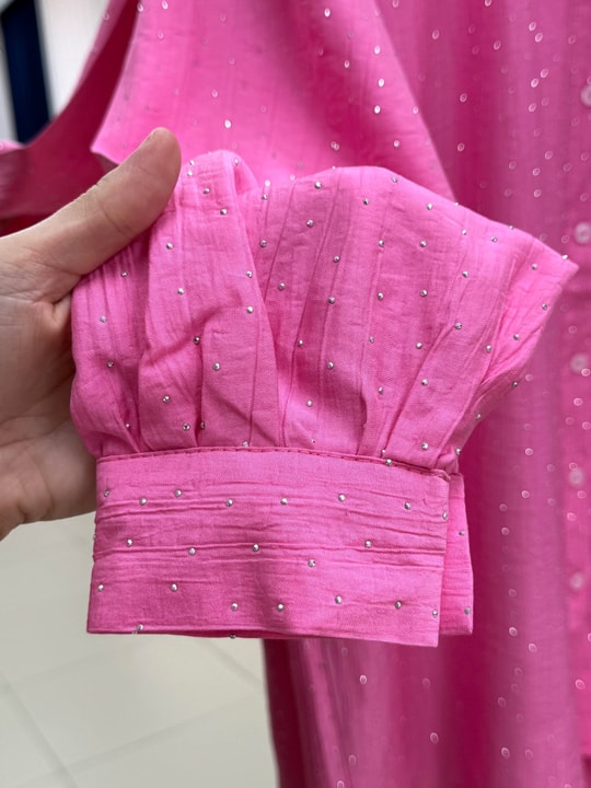 Nihan Ful Taşlı Büzgülü Çilek Gömlek-NA846 Pembe