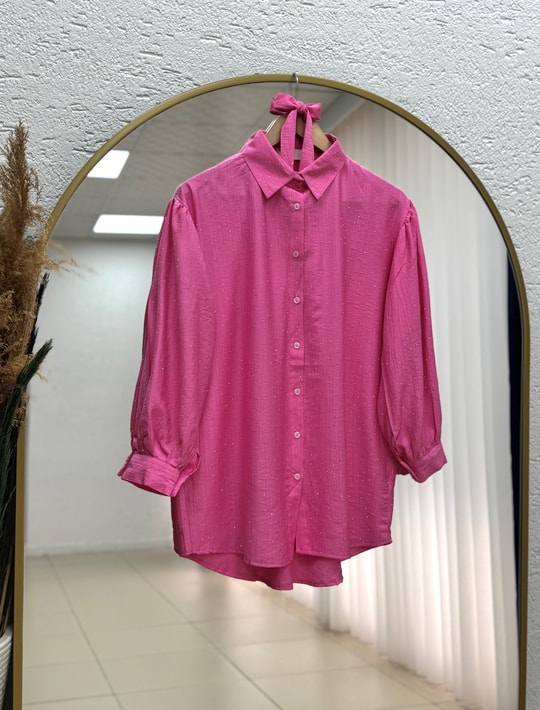 Nihan Ful Taşlı Büzgülü Çilek Gömlek-NA846 Pembe