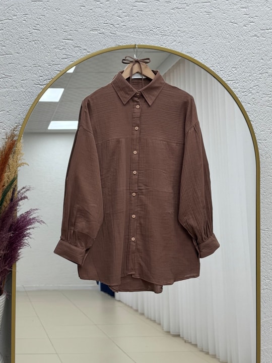 Nilay Robalı Müslin Oversize Gömlek-NA853 Kahve