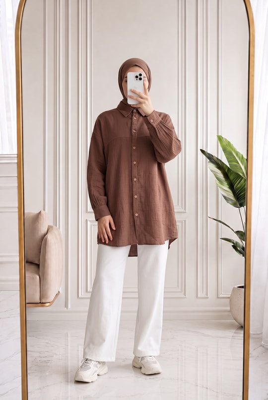 Nilay Robalı Müslin Oversize Gömlek-NA853 Kahve