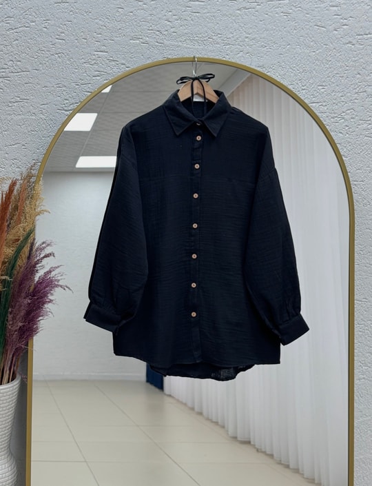 Nilay Robalı Müslin Oversize Gömlek-NA853 Siyah