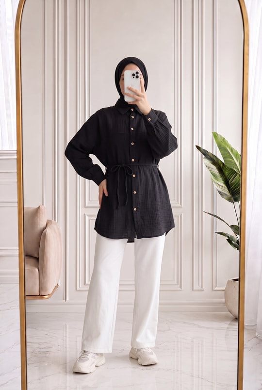 Nilay Robalı Müslin Oversize Gömlek-NA853 Siyah