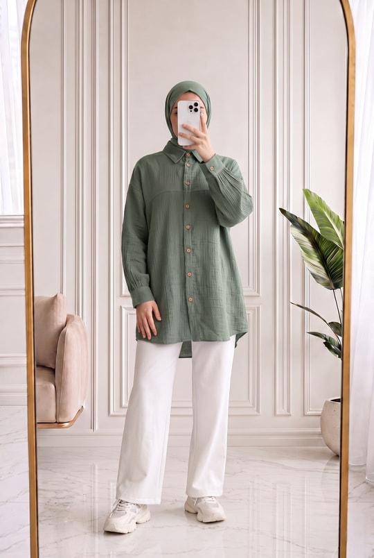 Nilay Robalı Müslin Oversize Gömlek-NA853 Mint