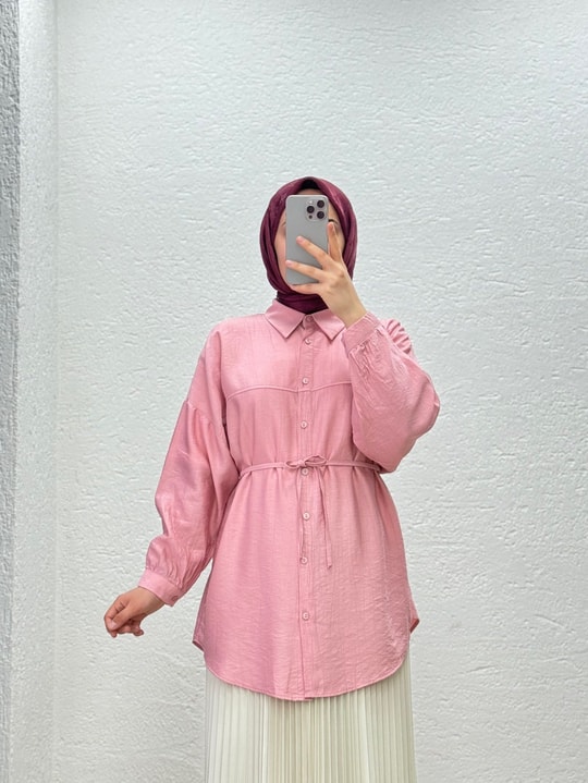 Nubona Önü Roba Detaylı Tunik-AS5897 Pembe