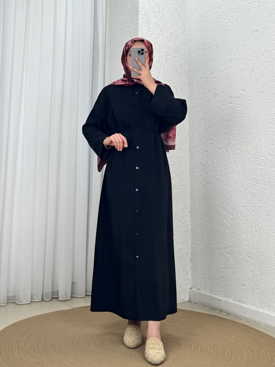 Nuboria Kadın Tesettür Yazlık Gömlek Elbise/Robalı Modal Takma Manşet-TN030 Siyah