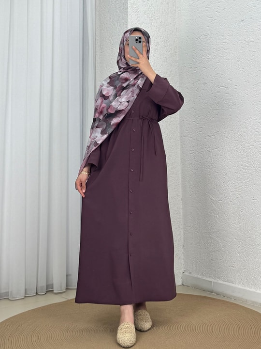 Nuboria Kadın Tesettür Yazlık Gömlek Elbise/Robalı Modal Takma Manşet-TN030 Mürdüm