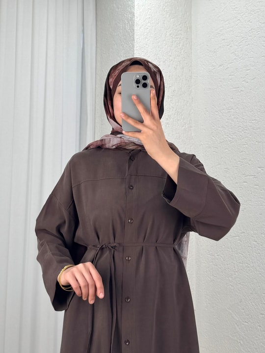 Nuboria Kadın Tesettür Yazlık Gömlek Elbise/Robalı Modal Takma Manşet-TN030 Kahve