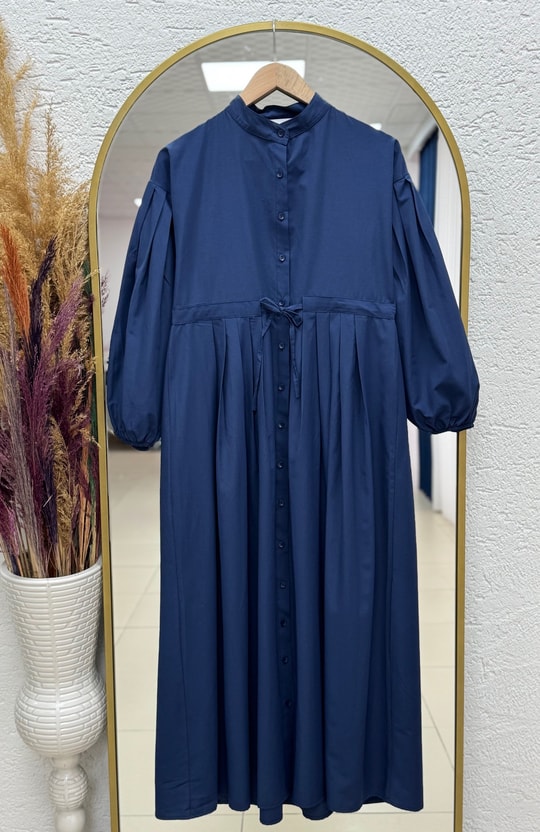 Nurhan Düğmeli Tünelli Poplin Elbise-NA2415 Lacivert