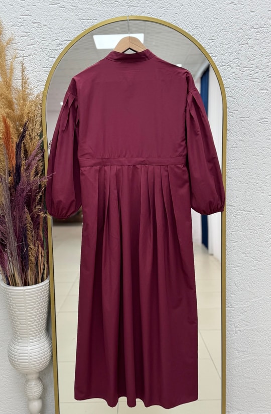 Nurhan Düğmeli Tünelli Poplin Elbise-NA2415 Bordo