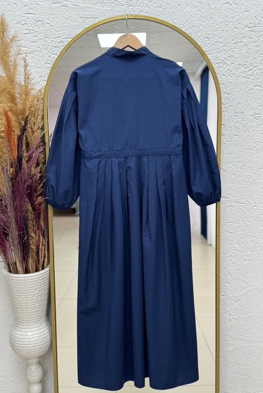 Nurhan Düğmeli Tünelli Poplin Elbise-NA2415 Lacivert