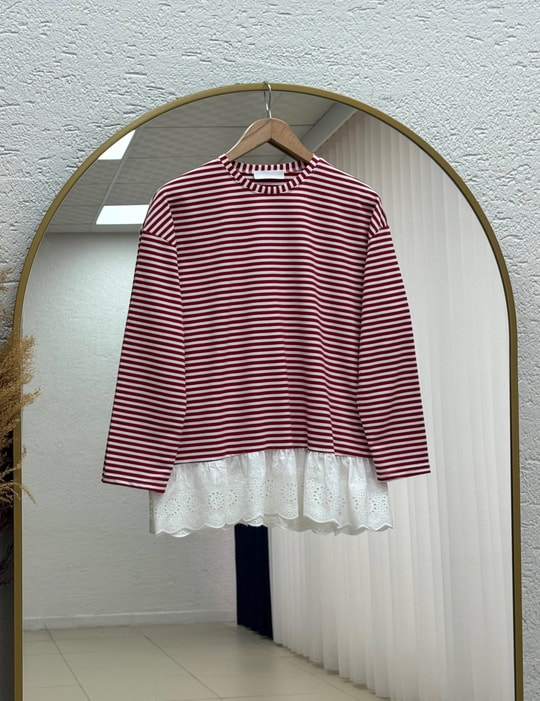 Nurnaz Çizgili Fırfırı Dantelli Tunik-SS13251 Kırmızı