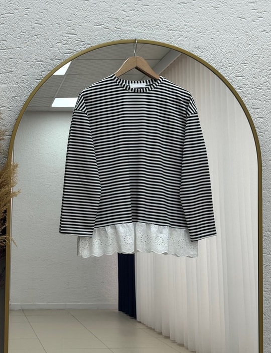 Nurnaz Çizgili Fırfırı Dantelli Tunik-SS13251 Siyah