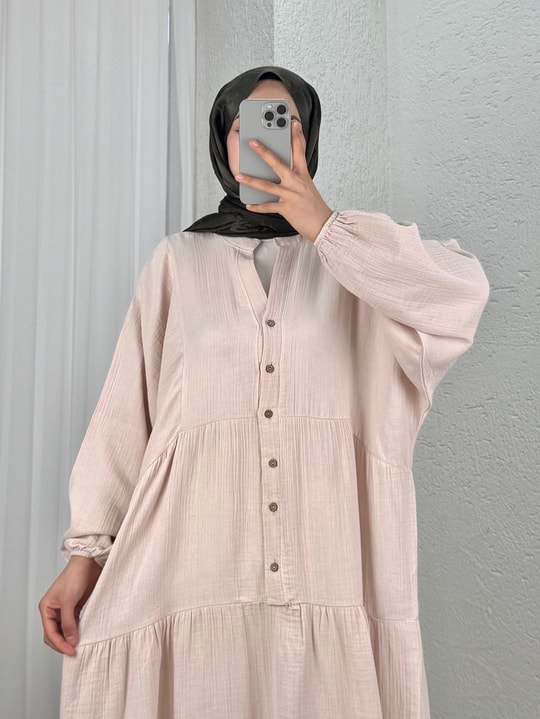 Nurperi Müslin Salaş 6 Düğmeli Elbise-NA2416 Taş