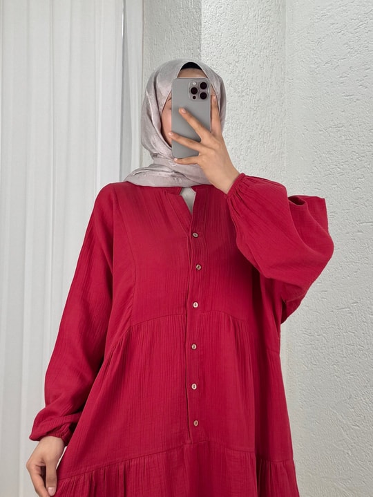 Nurperi Müslin Salaş 6 Düğmeli Elbise-NA2416 Kırmızı