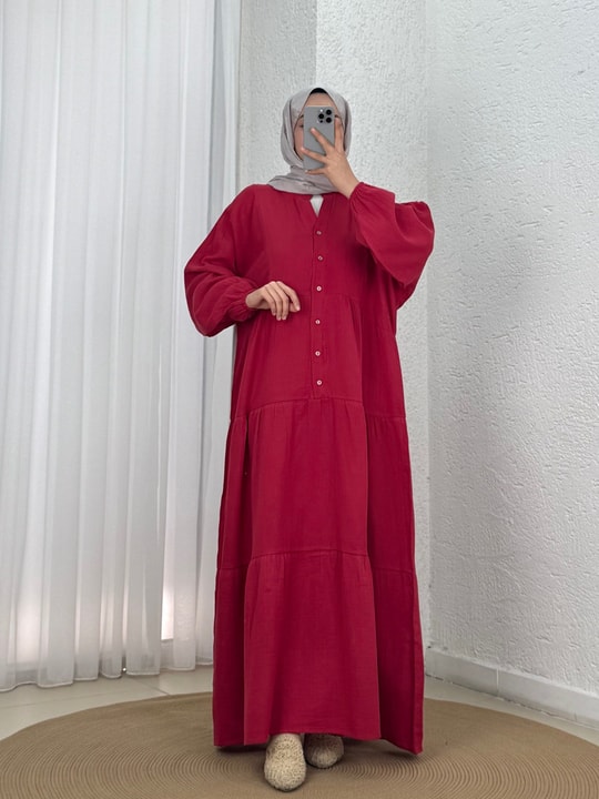 Nurperi Müslin Salaş 6 Düğmeli Elbise-NA2416 Kırmızı
