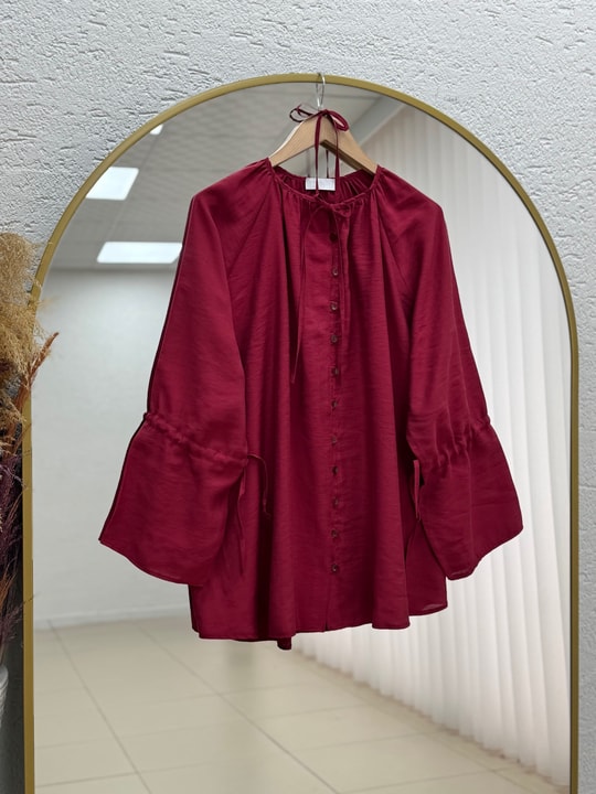 Nurşen Kolu Sıkmalı Biyeli Gömlek-ZN2098 Bordo