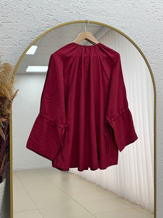Nurşen Kolu Sıkmalı Biyeli Gömlek-ZN2098 Bordo