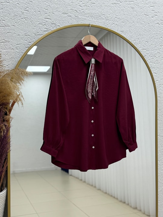 Nurten Biyeli Fularlı Gömlek-ZN2085 Bordo